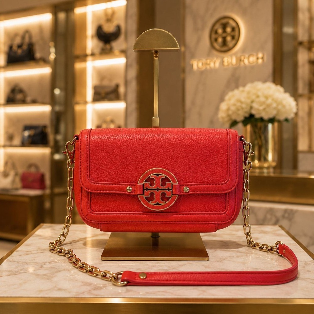 Tory Burch Amanda Mini Crossbody Bag Pebbled Leather Orange With COA